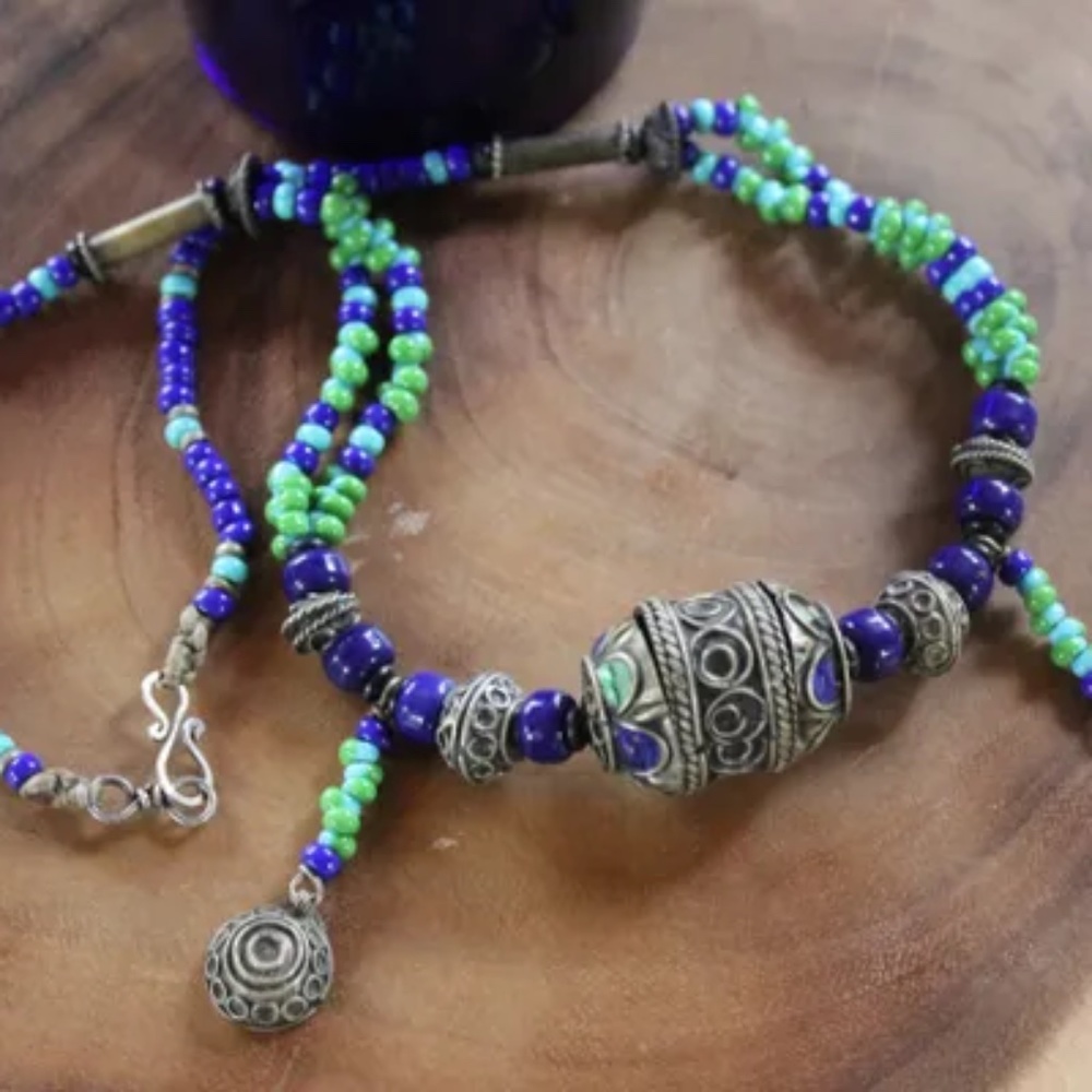 Vintage Tibetan Bead Pendant and Beaded Necklace, 22.5 Inches